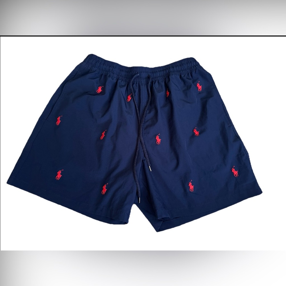 Polo by Ralph Lauren Men's Blue Swim Trunks with Red Accents